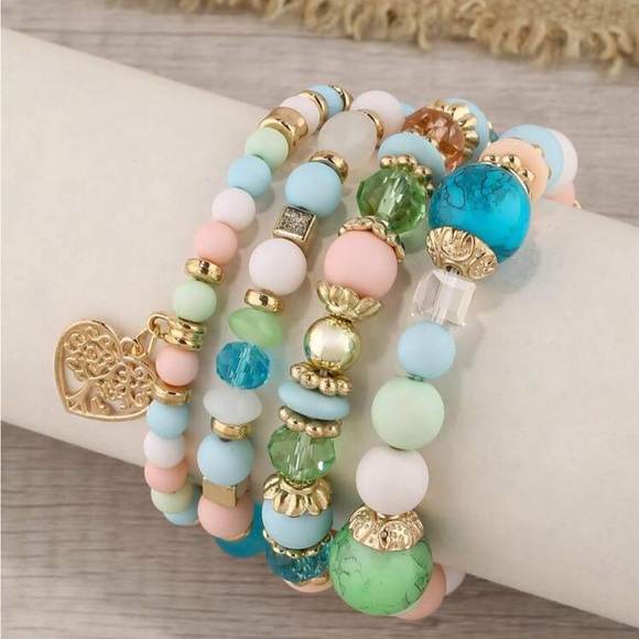 Beaded bracelet charm stretch set beads blue boho bohemian - Picture 4 of 5